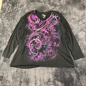 Just My Size T Shirt Womens 2X Plus Black Abstract Floral V‎ Neck Glitter Cotton